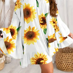  Sunflower Print One Shoulder Bell Sleeve Mini Dress