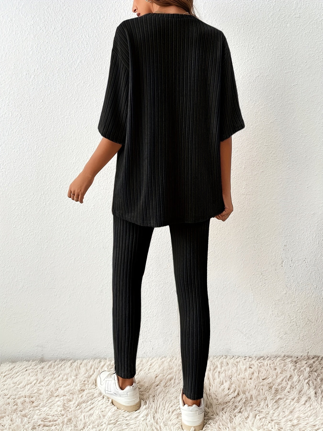 Casual Ribbed 2pc Set Top & Slim Pants Women's Outfit