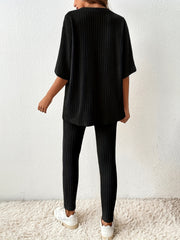 Casual Ribbed 2pc Set Top & Slim Pants Women's Outfit