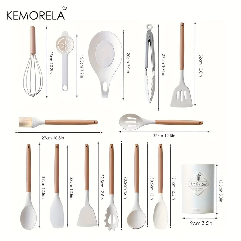 14pcs Silicone Utensil Set with Wooden Handle & Storage Bucket