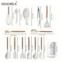 14pcs Silicone Utensil Set with Wooden Handle & Storage Bucket