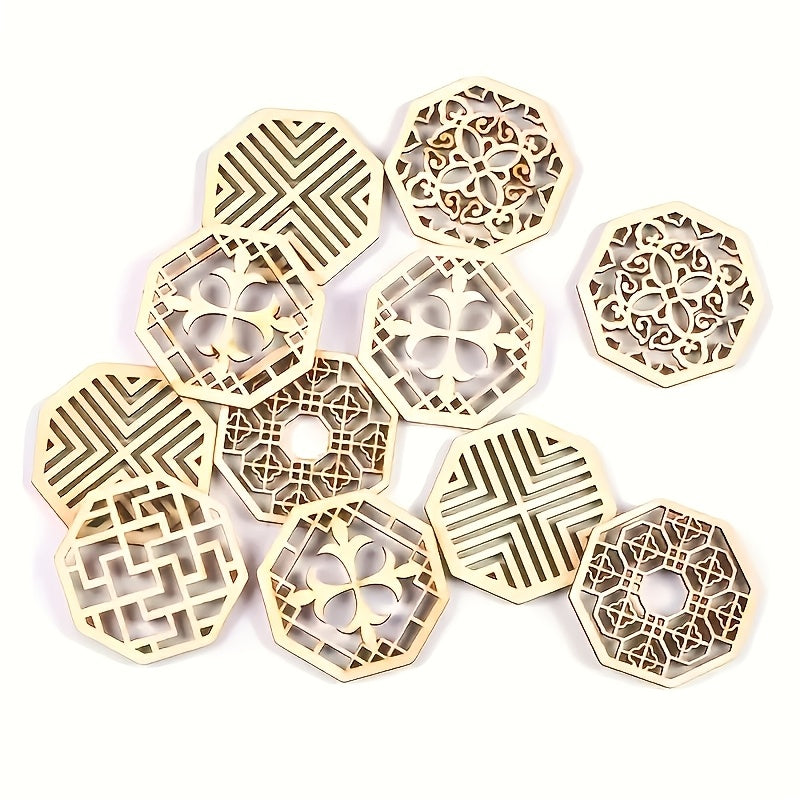 25pcs Mixed Hollow Wooden Cutouts DIY Craft Octagonal & Hexagonal Shapes