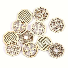 25pcs Mixed Hollow Wooden Cutouts DIY Craft Octagonal & Hexagonal Shapes
