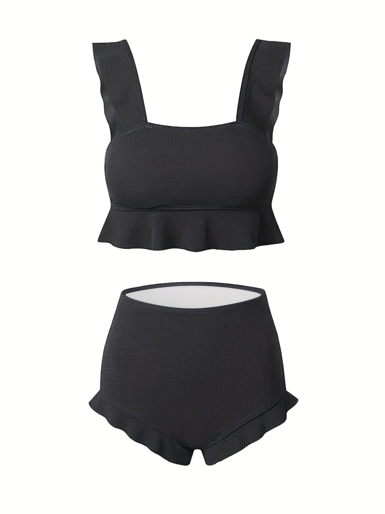 Ruffle Trim High Waist Bikini Solid 2 Piece Swimsuit