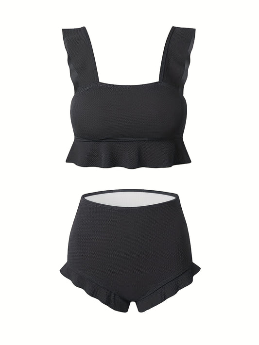 Ruffle Trim High Waist Bikini Solid 2 Piece Swimsuit