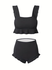 Ruffle Trim High Waist Bikini Solid 2 Piece Swimsuit