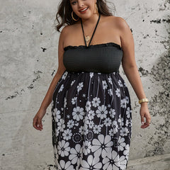  Boho Dress Women's Plus Floral Print Ruffle Trim Halter Neck Dress