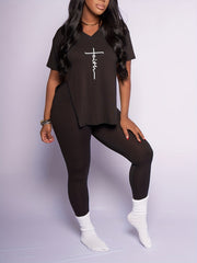 Women's Plus Letter Print T-shirt & Skinny Pants 2pcs Outfits Set