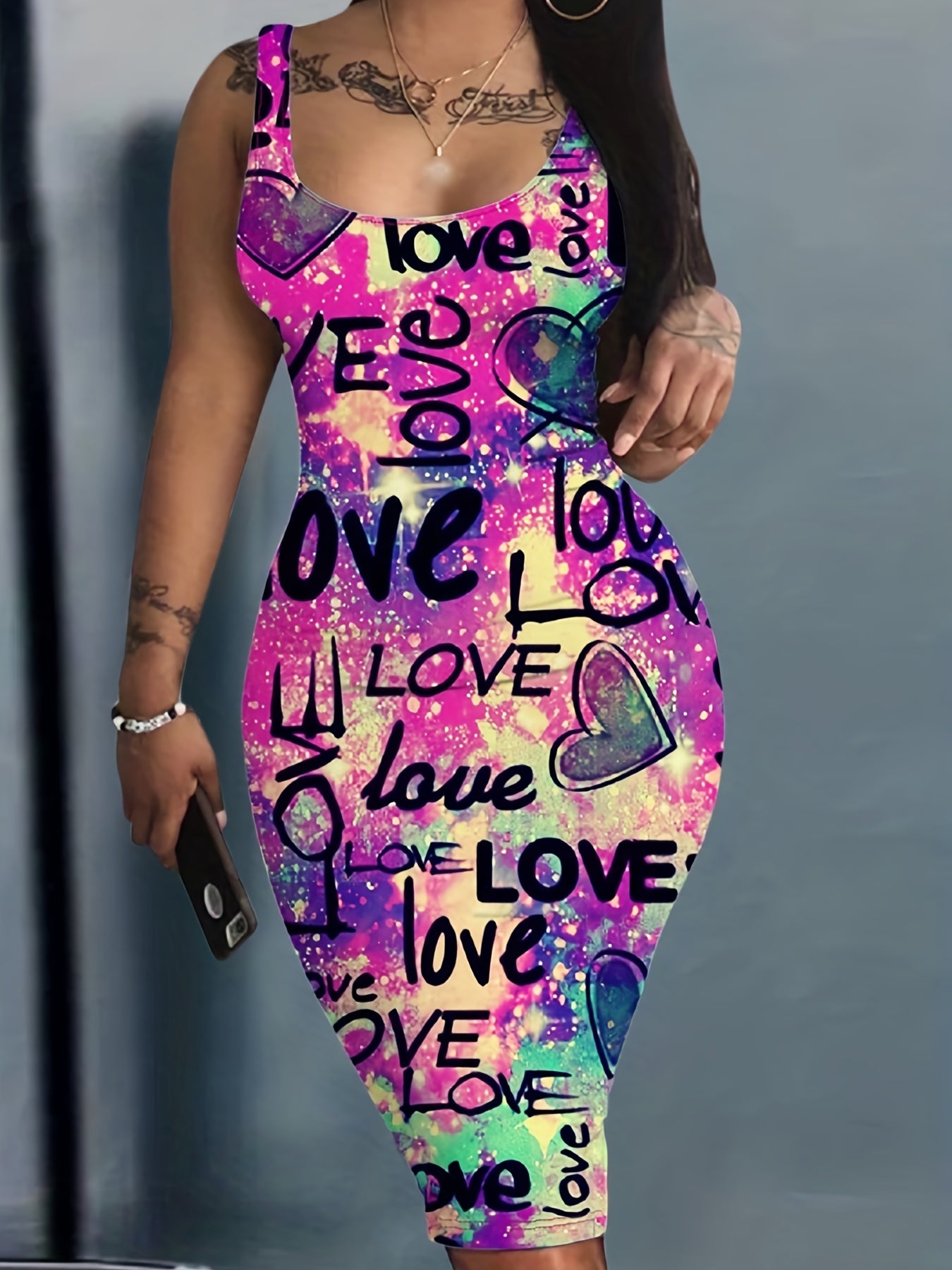 Love Letter Print Tank Dress Casual Slim Bag Hip Random Printing Dress