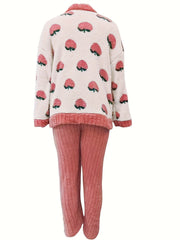 Fruit Print Pajama Set Long Sleeve V Neck Buttons Top Elastic Waistband