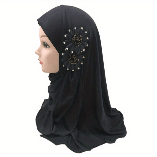 Eid Hat Arab Two Flowers Cover Muslim Headscarf for Little Girls
