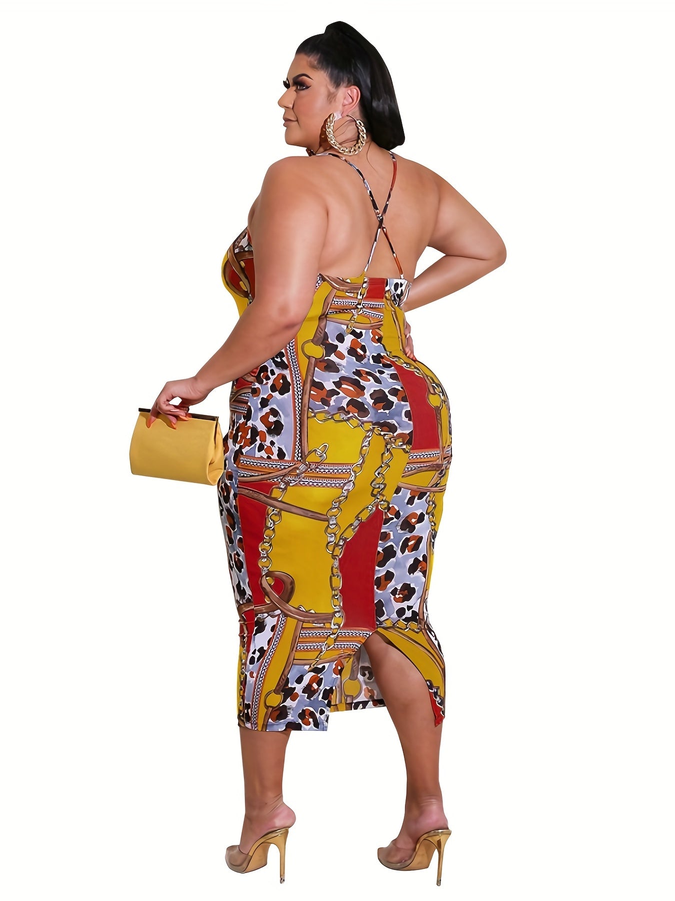  Leopard & Chain Print Round Neck Cami Dress