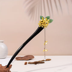 Chinese Style Flower Wooden Hair Stick with Faux Pearl Pendant
