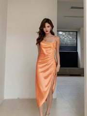 Satin Split Drawstring Cami Pajama Dress for Women