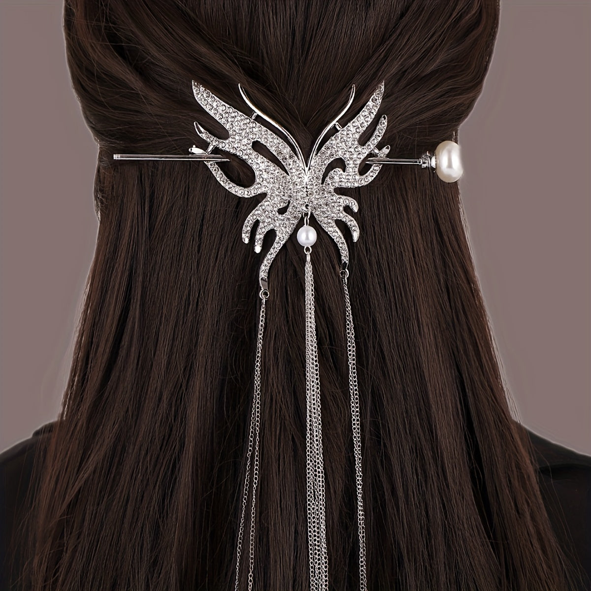 Metal Butterfly Hairpin Tassel Rhinestone Hair Stick