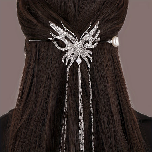 Metal Butterfly Hairpin Tassel Rhinestone Hair Stick