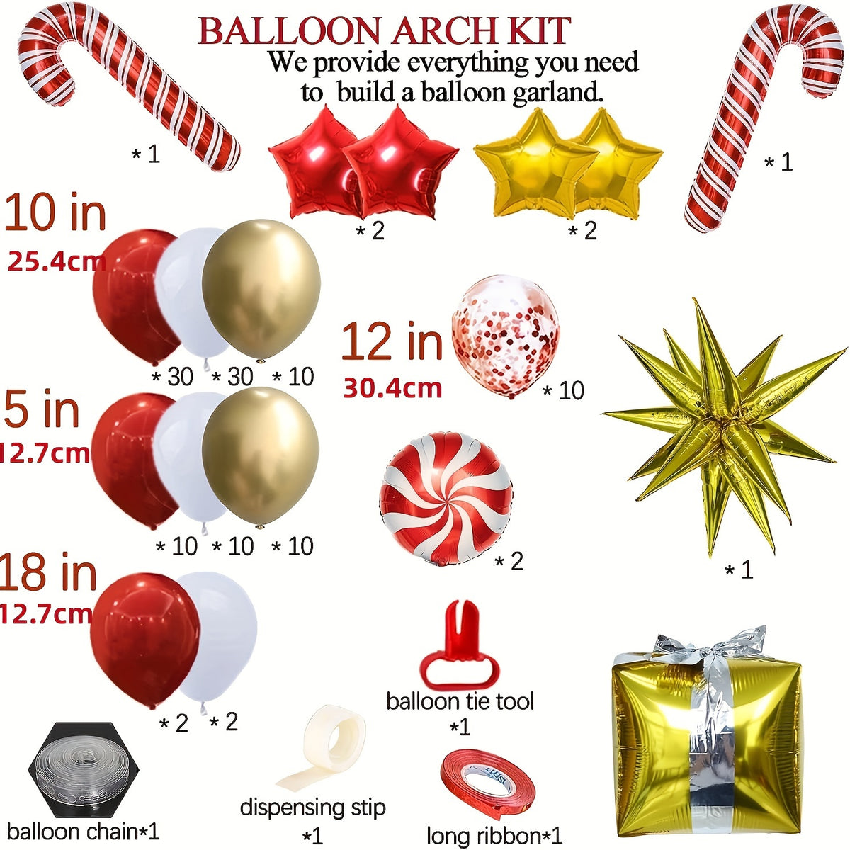 128pcs Christmas Balloon Garland Kit Red Candy Balloons Golden Star Foil