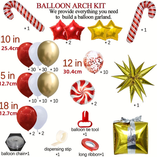 128pcs Christmas Balloon Garland Kit Red Candy Balloons Golden Star Foil