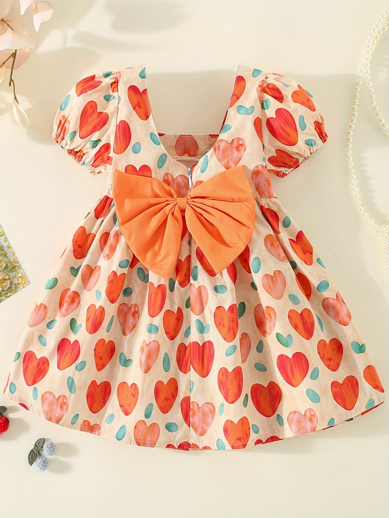 Girl's Heart Print Princess Dress with Puffy Sleeves & Big Bow