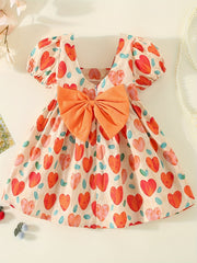 Girl's Heart Print Princess Dress with Puffy Sleeves & Big Bow