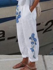  Floral Print Elastic Trousers Pockets