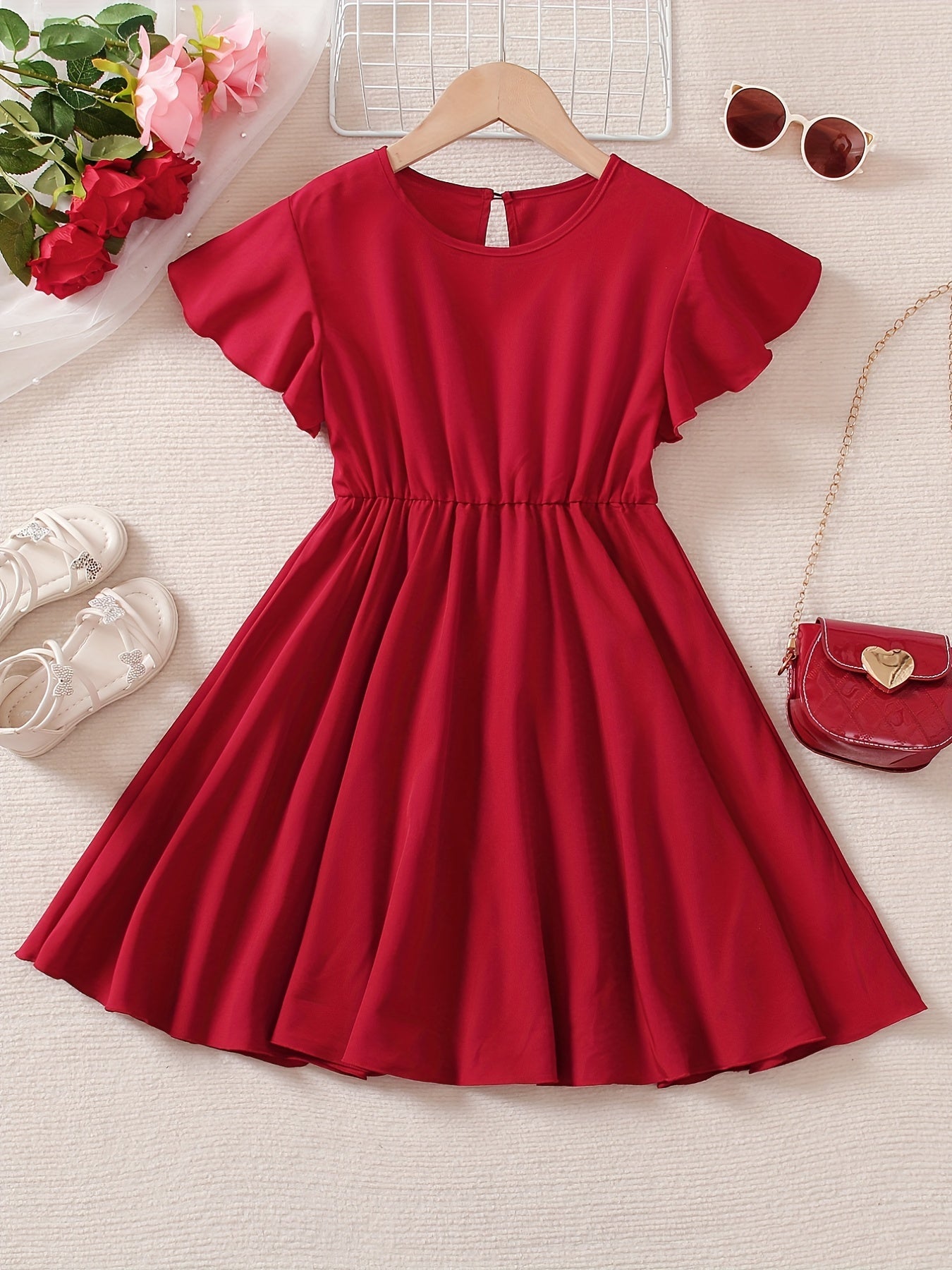 Girl's Ruffle Sleeve A Line Swing Flared Skater Party Dress