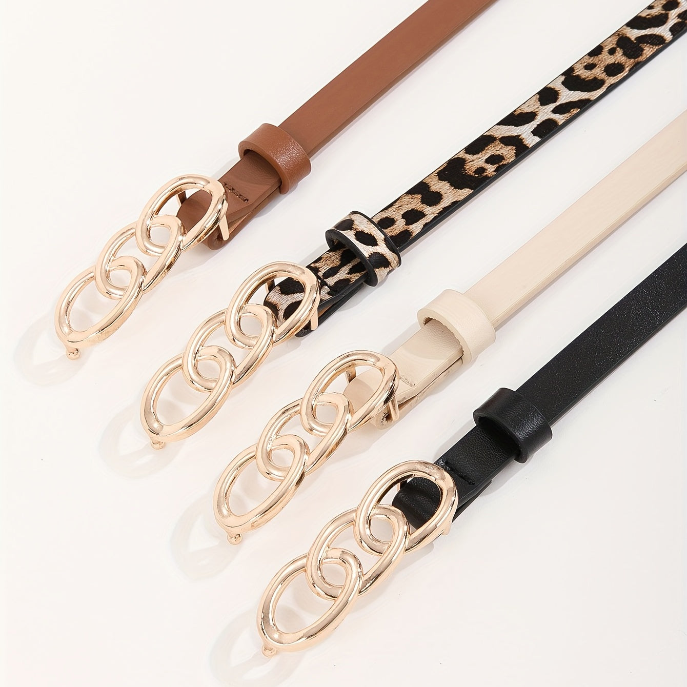 Leopard Print PU Leather Belt Triple Oval Ring Buckle Casual Jeans Pants Belts