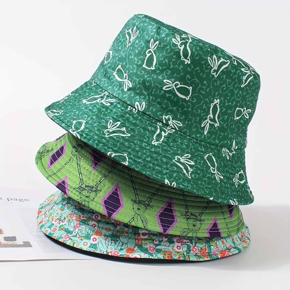 Green Rabbit Print Bucket Hat Lightweight Casual Fisherman Cap