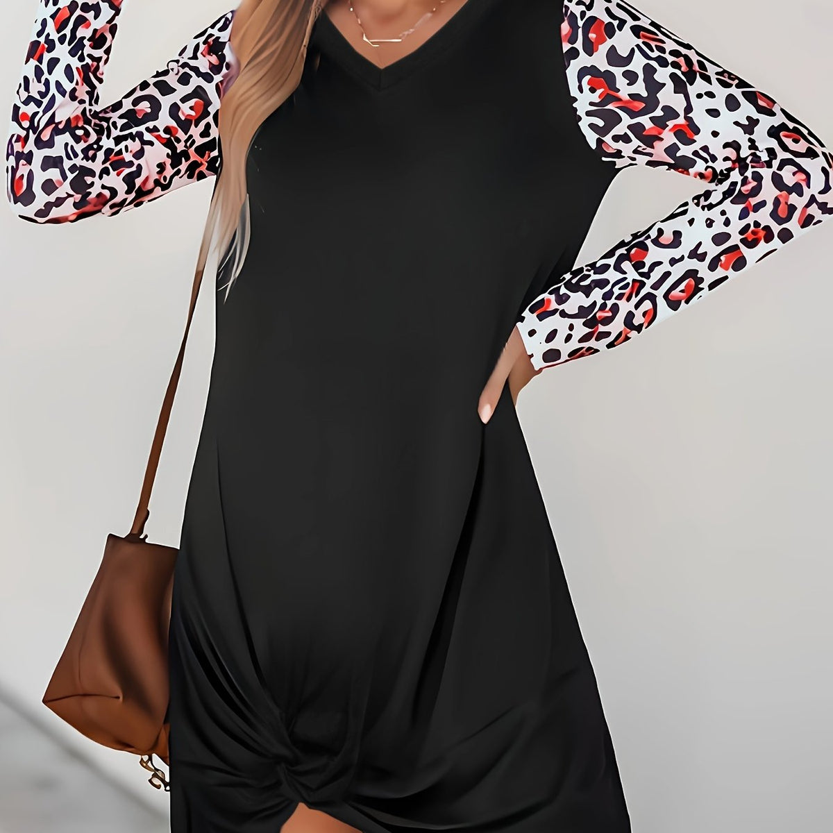  Colorblock Leopard Print V-Neck Ruched Dress