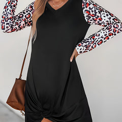  Colorblock Leopard Print V-Neck Ruched Dress