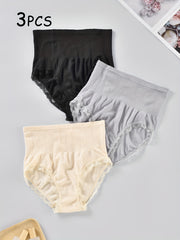 3pcs Lace Trim Briefs High Waist Stretchy Panties Women's Underwear