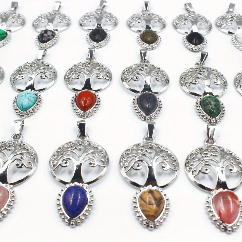 Natural Stone Tree Of Life Water Drop Pendant Agate Amethyst Turquoise Necklace
