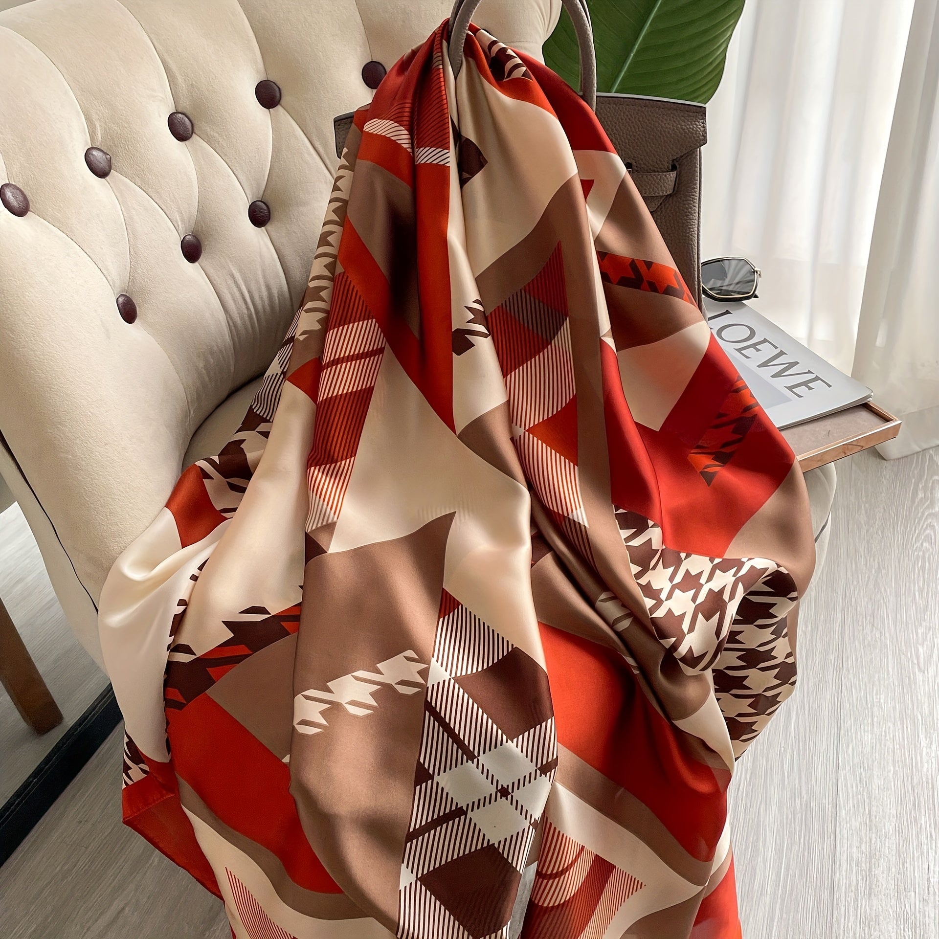 Red Houndstooth Print Scarf Satin Shawl Windproof Head Wrap