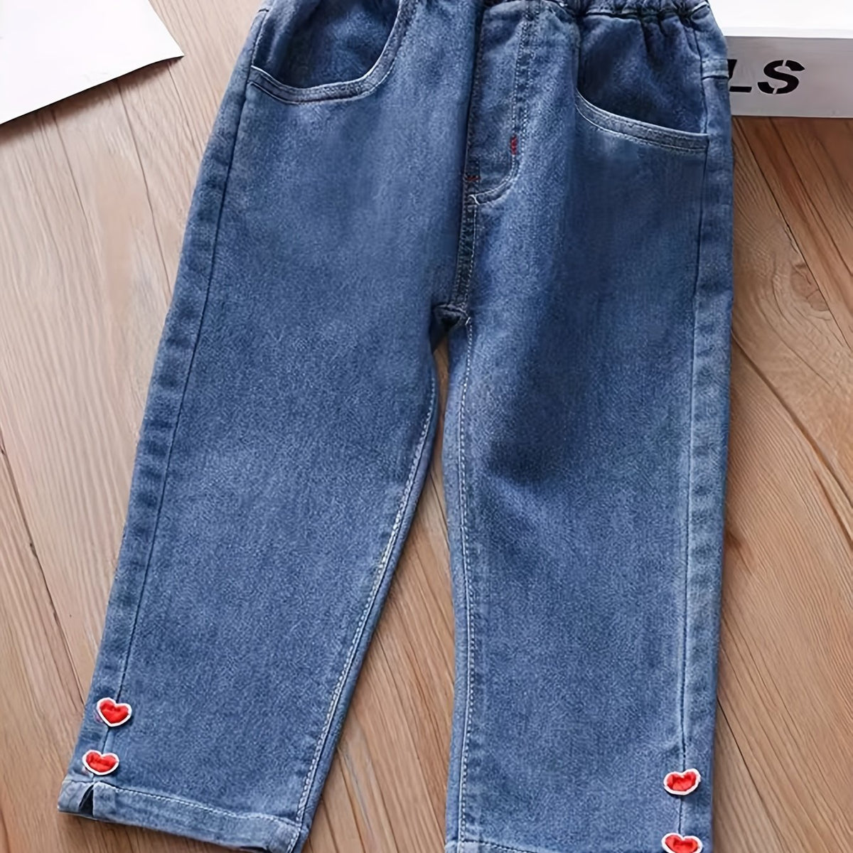 Heart Embroidered Girls' Jeans with Pockets