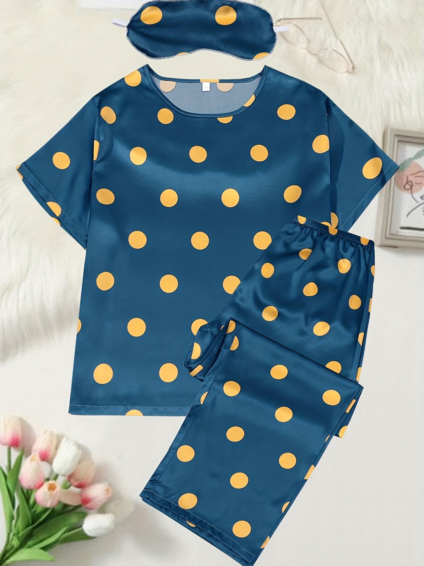  Polka Dot Satin Pajama Set with Eye Mask