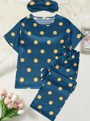  Polka Dot Satin Pajama Set with Eye Mask