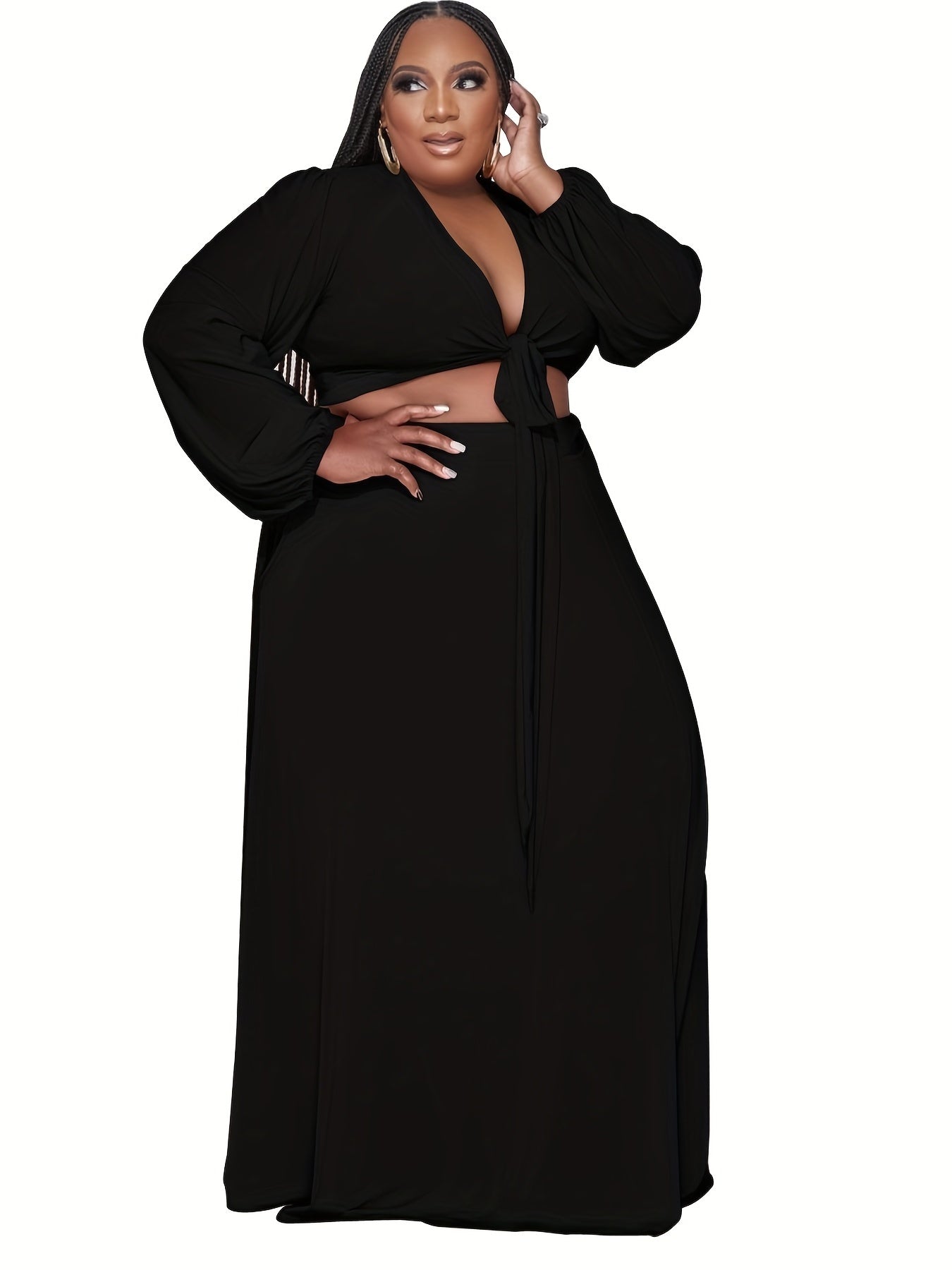  Long Sleeve Knot Crop Top & Maxi Skirt Set