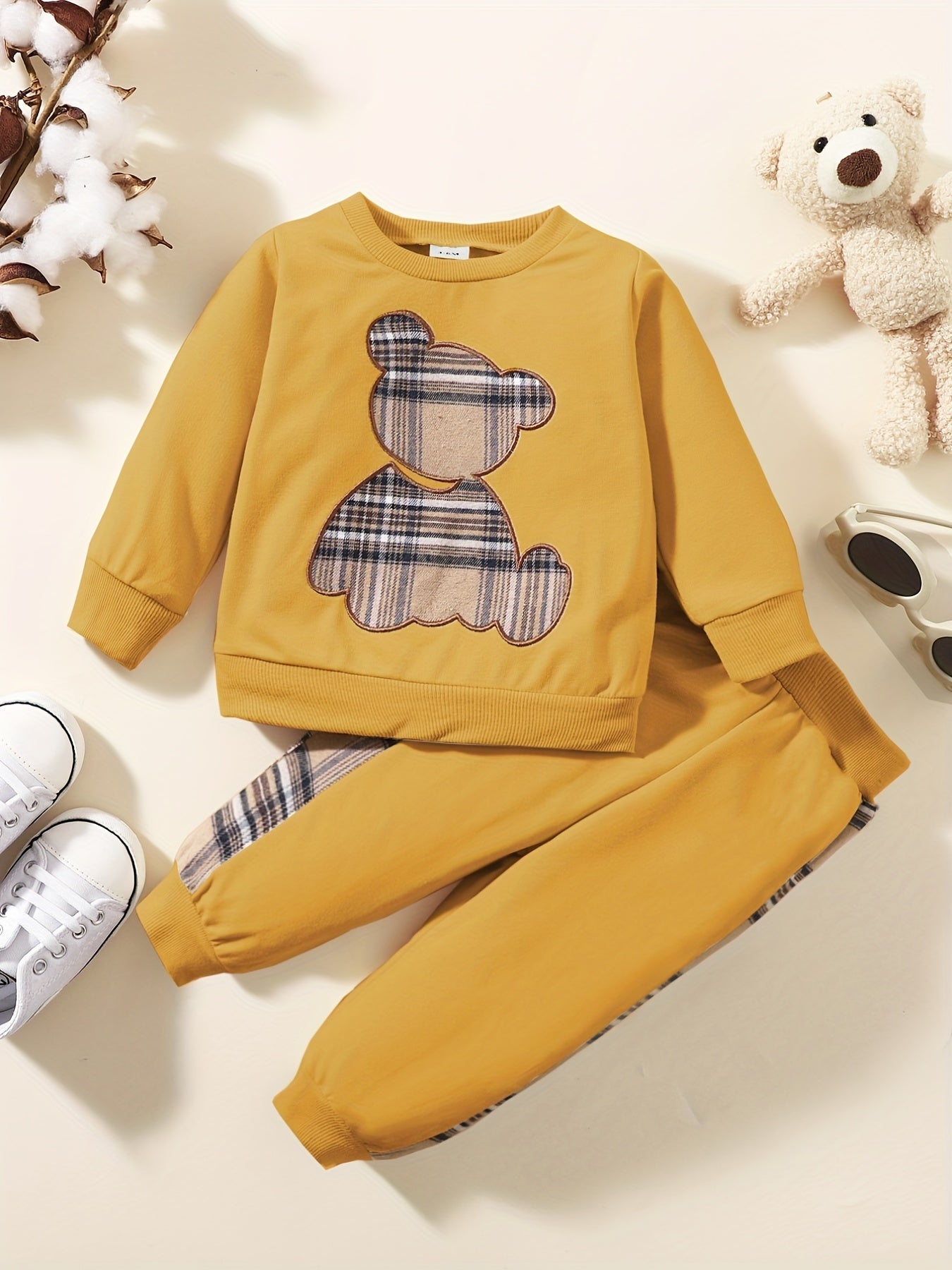 2pcs Toddler Baby Bear Embroidery Sweatshirt & Splicing Pant