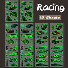 10 Sheets Glow in The Dark Racing Vehicles Temporary Tattoos