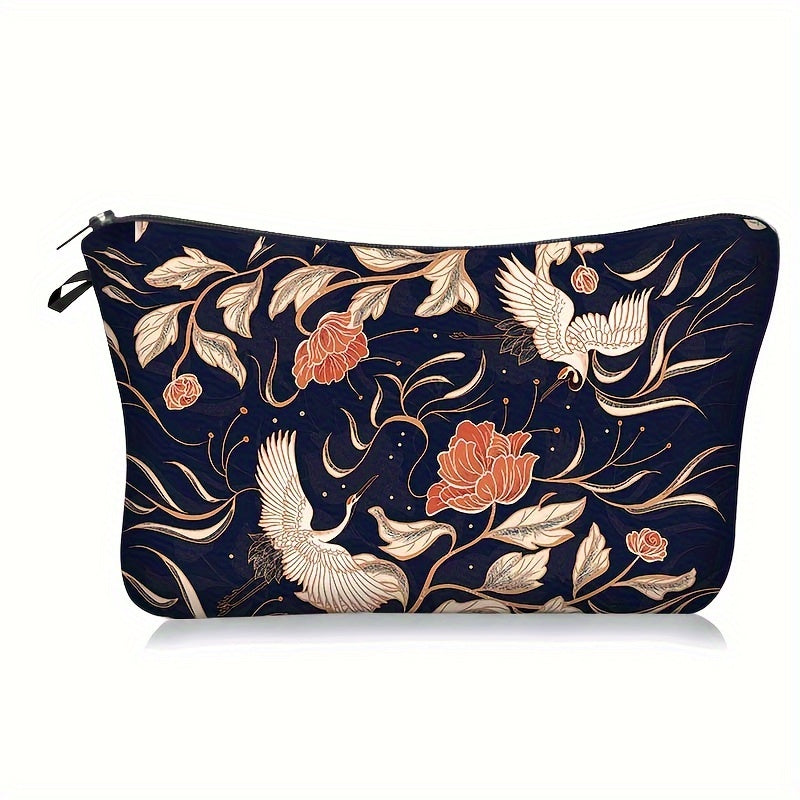 Chinese Peony Crane Print Makeup Pouch Retro Cosmetic Travel Bag