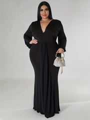  Sexy Dress Solid Lantern Sleeve V Neck High Split Maxi Dress