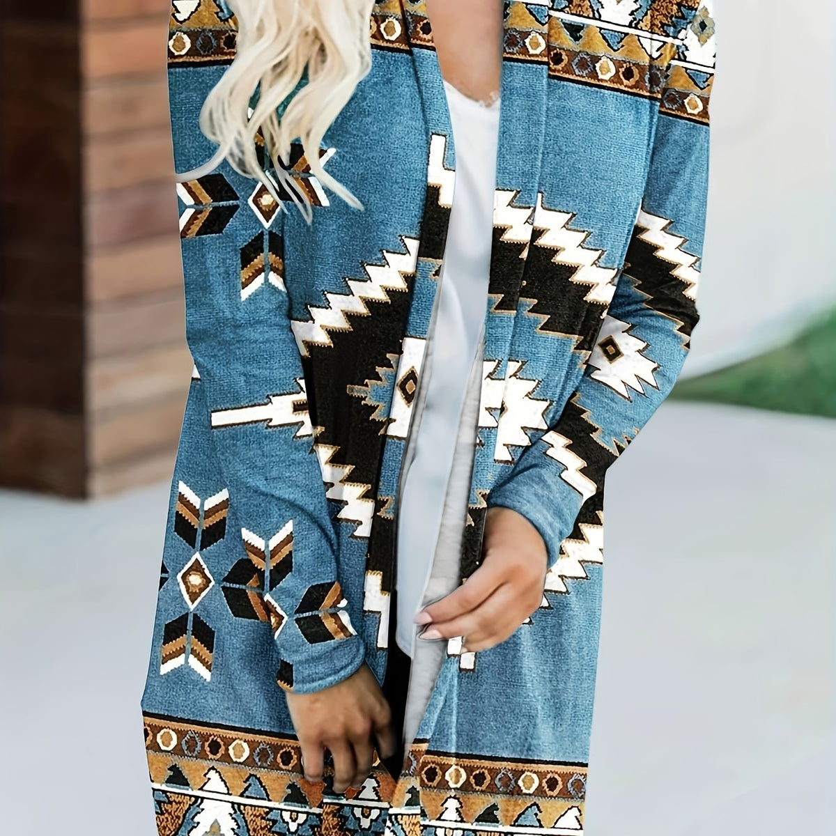  Boho Cardigan Geometric Print Long Sleeve Open Front Cardigan