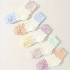 5 Pairs Colorblock Fuzzy Socks Comfy & Warm Mid Tube Socks Women's Stockings
