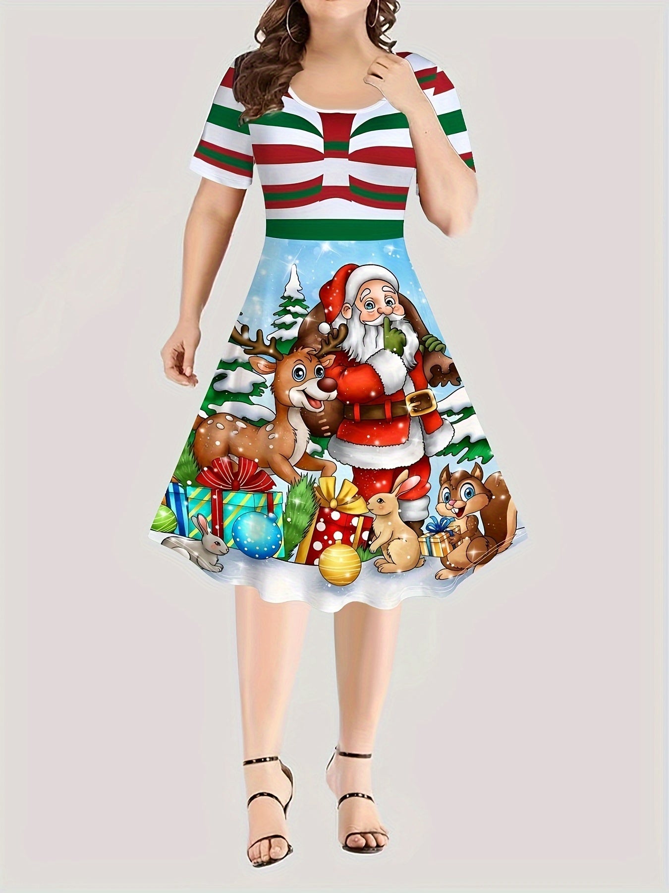 Women's Plus Graphic Print Short Sleeve Round Neck Christmas Casual Dress