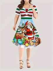 Women's Plus Graphic Print Short Sleeve Round Neck Christmas Casual Dress