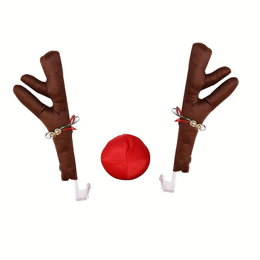 Christmas Car Reindeer Antlers Kit Red Nose Bell