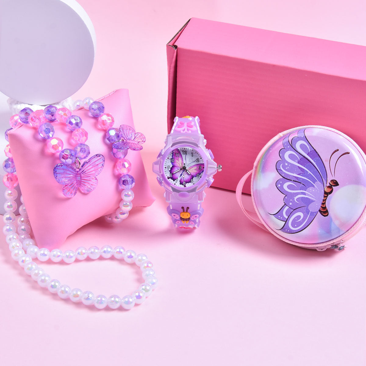 Girls' 3D Butterfly Strap Watch Set with Bracelet & Coin Purse