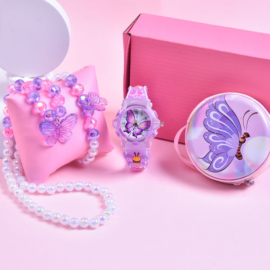 Girls' 3D Butterfly Strap Watch Set with Bracelet & Coin Purse
