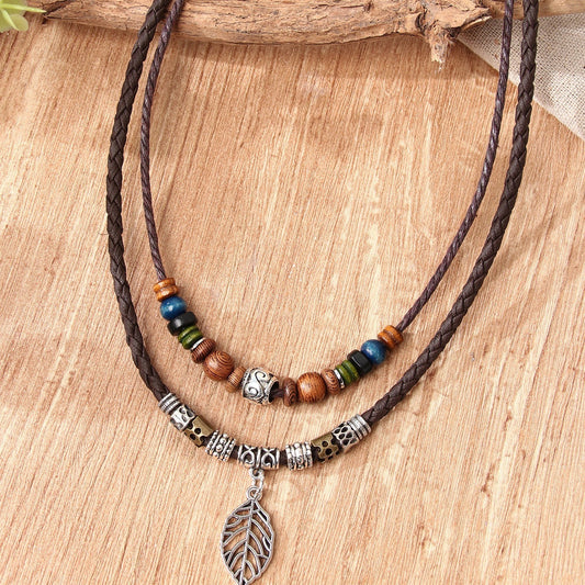 Women's PU Leaf Wooden Bead Necklace Party Jewelry Gift