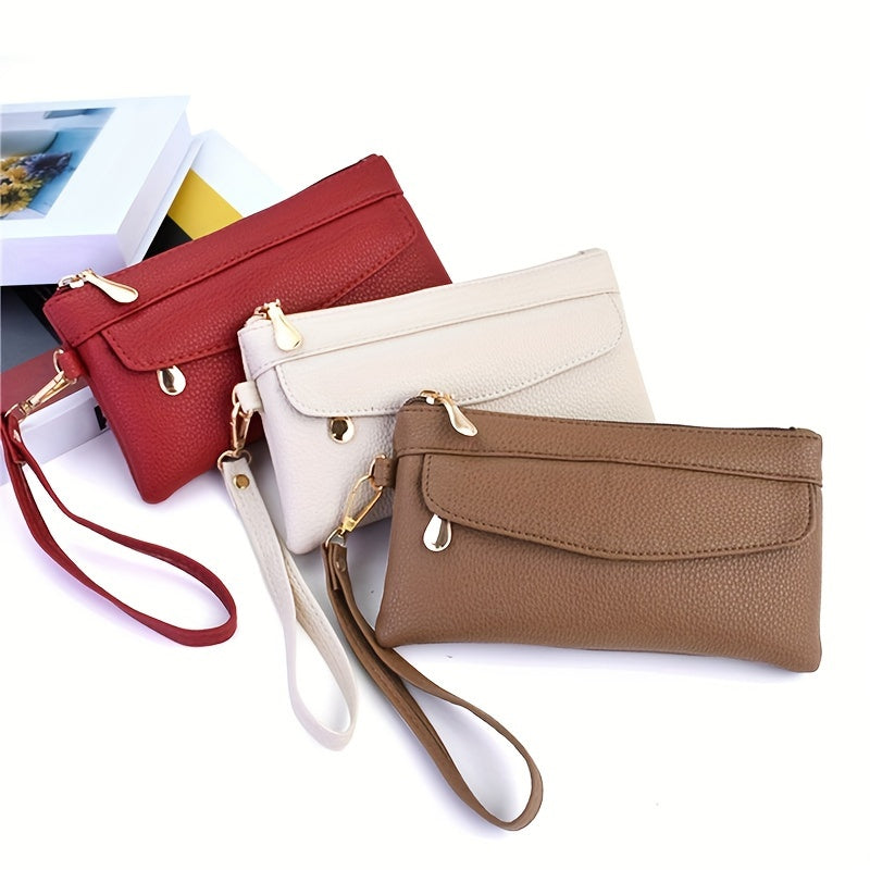 Soft PU Leather Clutch Handbag Zipper Closure Wristlet Strap